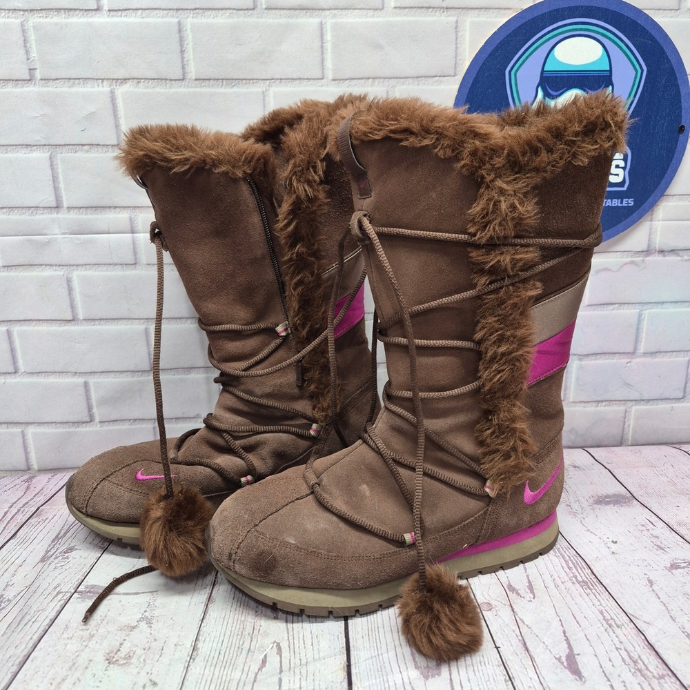 Nike Air Rhyodomo Brown Pink Suede Faux Fur Winter Boots 311959-261 Womens 8.5